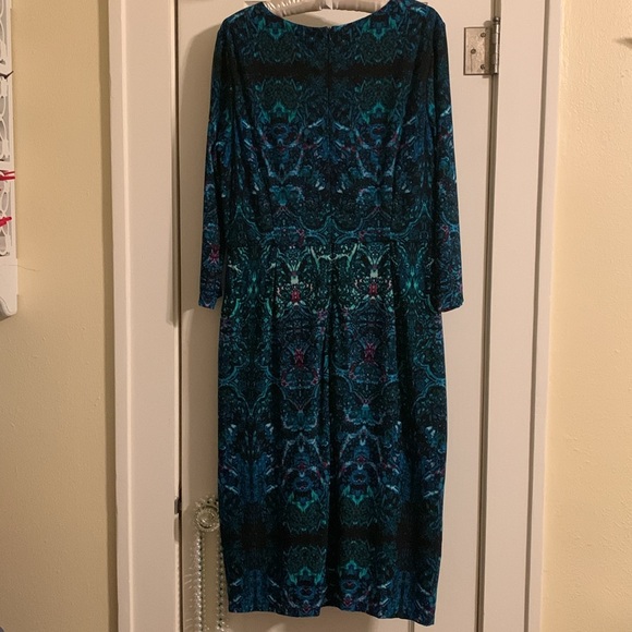Maggy London Midi Dress, Dressy Professional, 3/4 sleeve, Blues/Greens, Back Zip - Picture 3 of 12